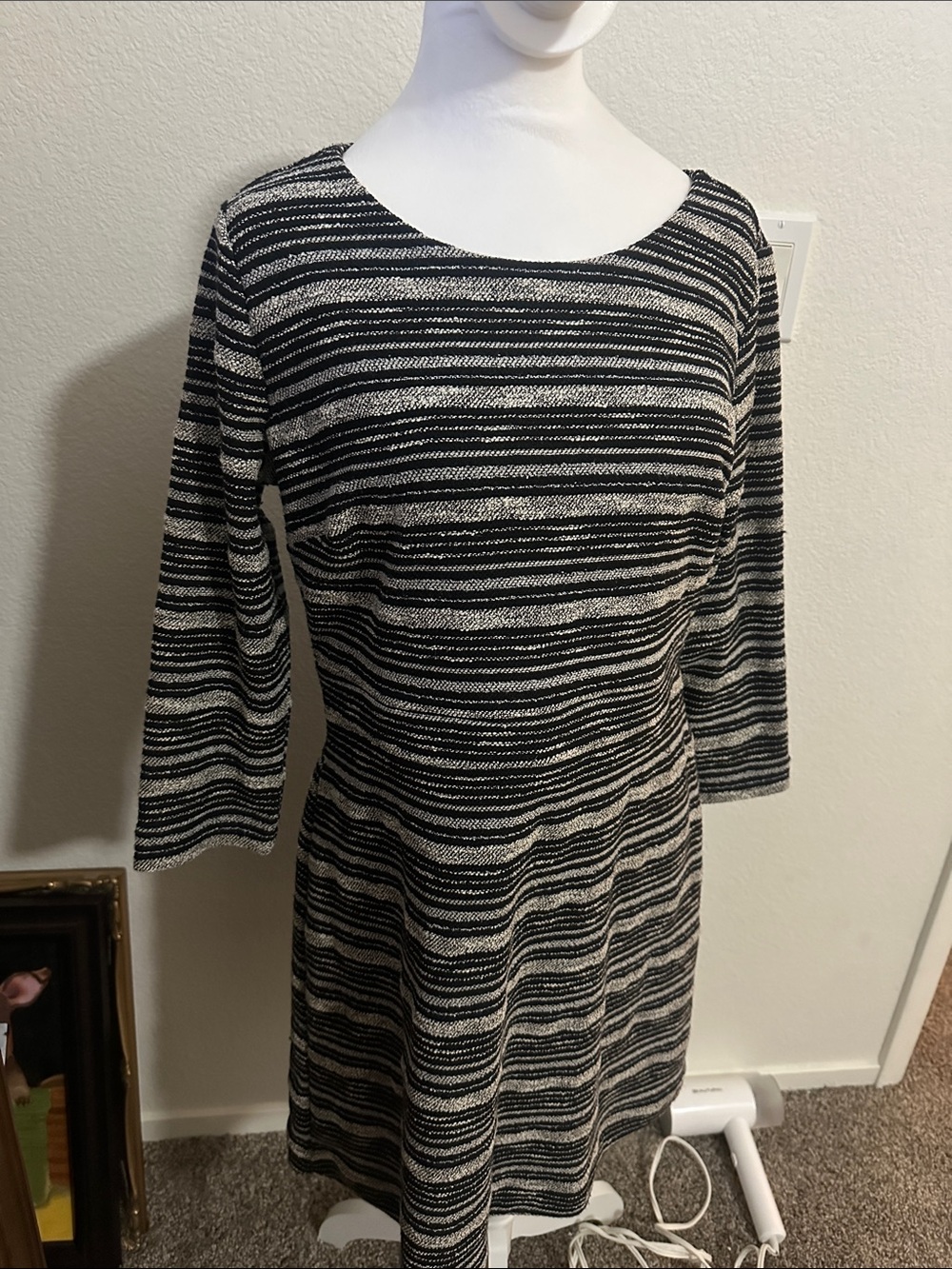 LOFT Black and White Striped Knit Scoop-Neck Dress